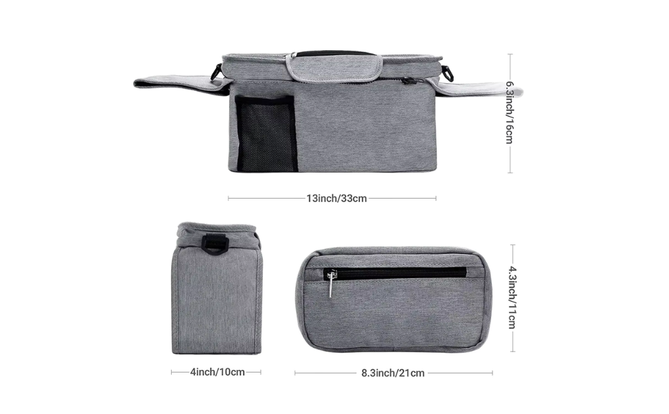 Cozy Nest Stroller Caddy with insulated cup holder and phone bag, designed for parents on the go.