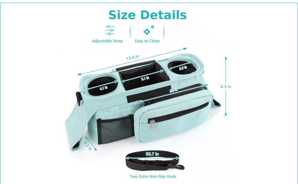 Cozy Nest Stroller Caddy in blue with insulated cup holder, phone bag, and multiple storage pockets for essentials.