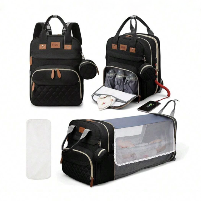 Unisex multifunctional baby diaper bag backpack with USB port and detachable changing mat, designed for stylish parenting.