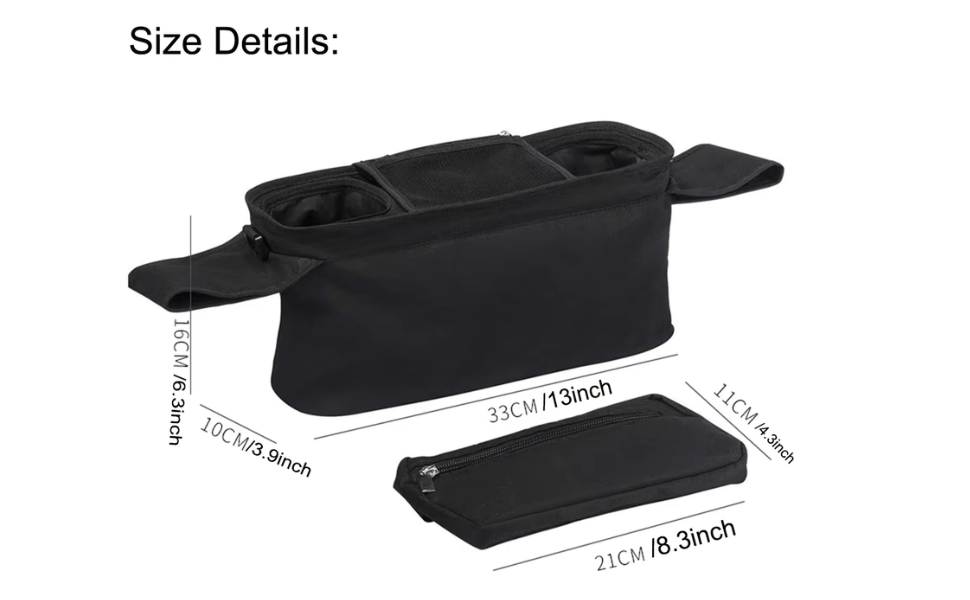 Cozy Nest Stroller Caddy featuring insulated cup holder, phone bag, and organized compartments for essentials.