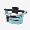 Cozy Nest Stroller Caddy in blue with insulated cup holder, phone bag, and multiple storage pockets for essentials.
