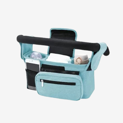 Cozy Nest Stroller Caddy in blue with insulated cup holder, phone bag, and multiple storage pockets for essentials.