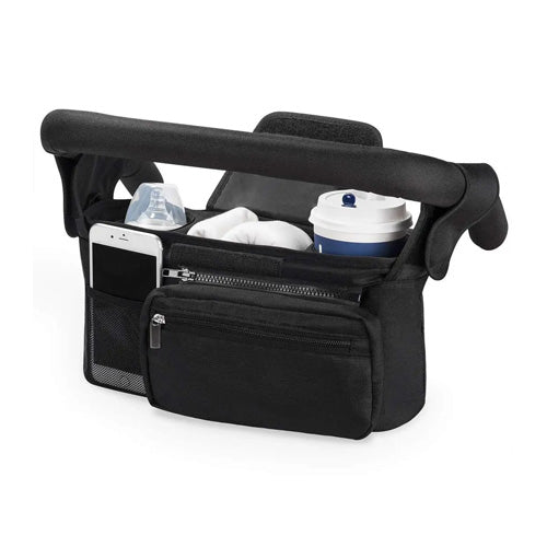 Cozy Nest Stroller Caddy featuring insulated cup holder, phone bag, and organized compartments for essentials.