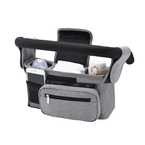 Cozy Nest Stroller Caddy with insulated cup holder and phone bag, designed for parents on the go.